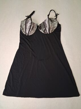 4/20$ Coquette Black Satin-Panel Slip Dress with Silver Floral Cups
